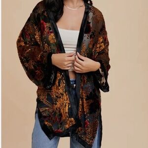 NWT Baltic Born Amal Velvet Burnout Sheer Kimono Cardigan Black Red Roses L/XL